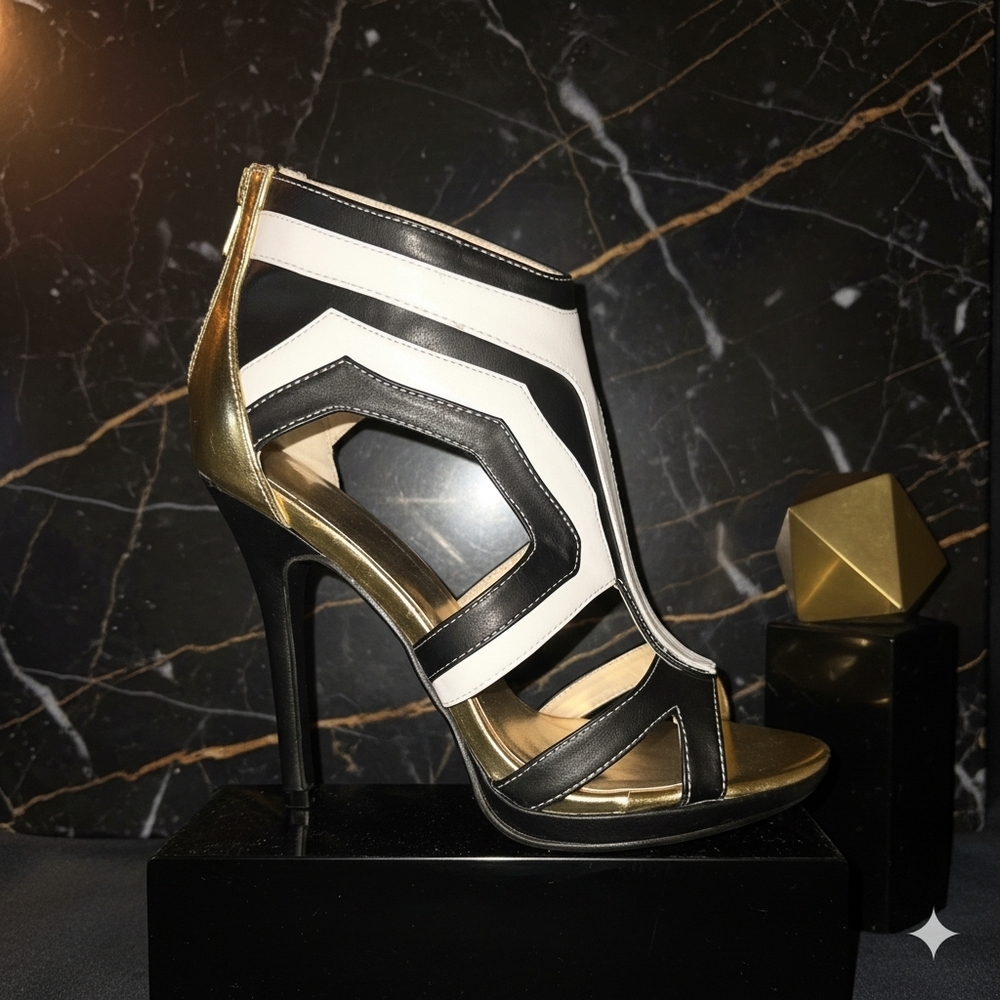 Elise By Athena Black, White & Gold Cutout Stiletto Heel
